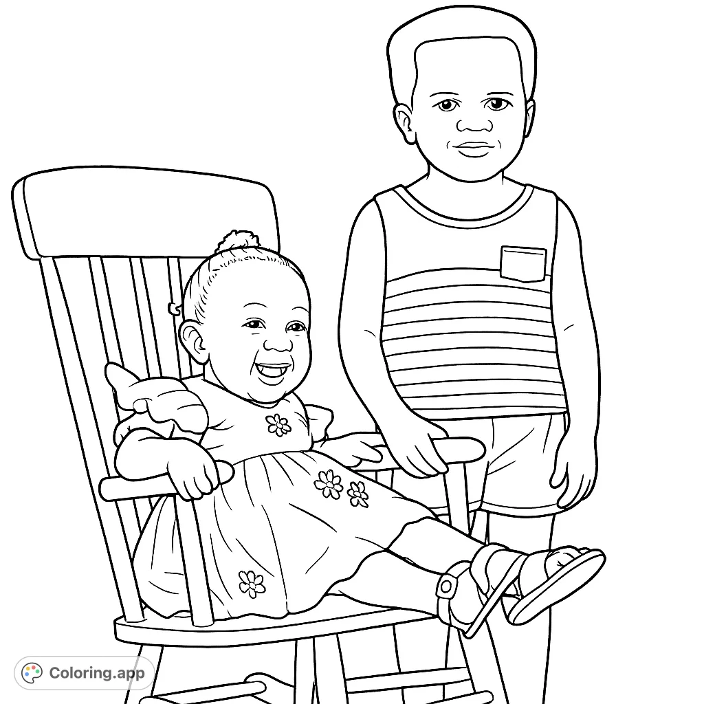A heartwarming portrait of two smiling children, an infant in a rocking chair and an older child standing beside, perfect for a family-themed coloring page.
