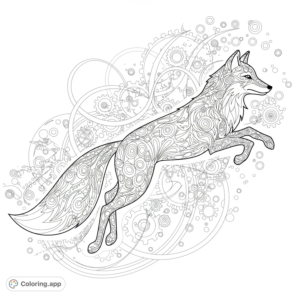 A dynamic, stylized fox composed of geometric shapes leaps amidst interlocking gears and spiraling pathways, symbolizing agility, collaboration, and iterative progress.
