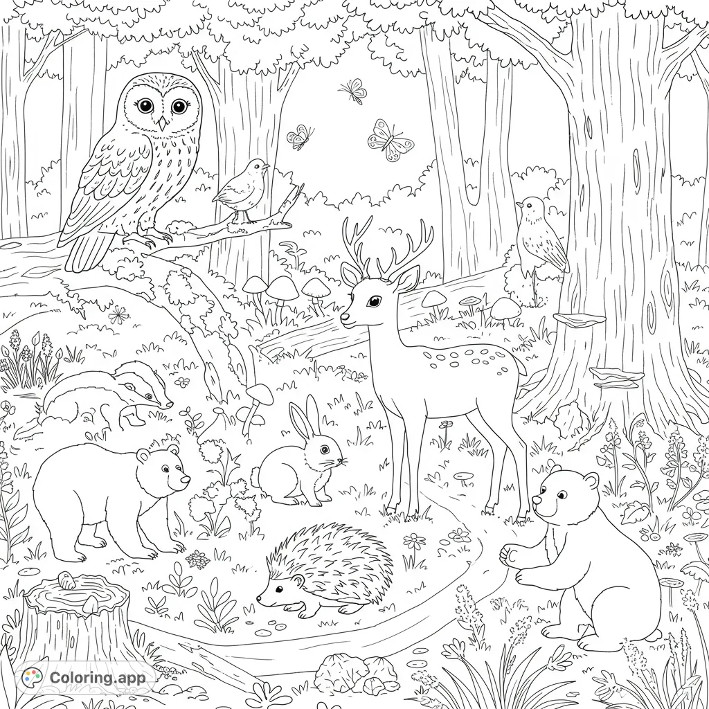 Discover a peaceful woodland creatures coloring page featuring an owl, fox, deer, rabbit, and more amidst a serene forest clearing. Perfect for nature lovers.