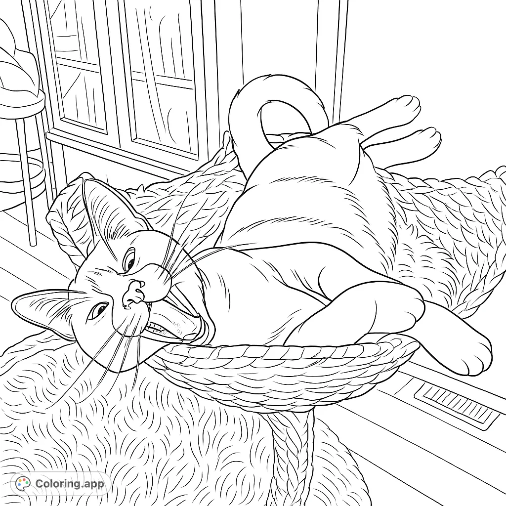 A charming cat yawns widely while relaxing in a cozy woven basket bed. Perfect for animal lovers to bring to life with creative colors.