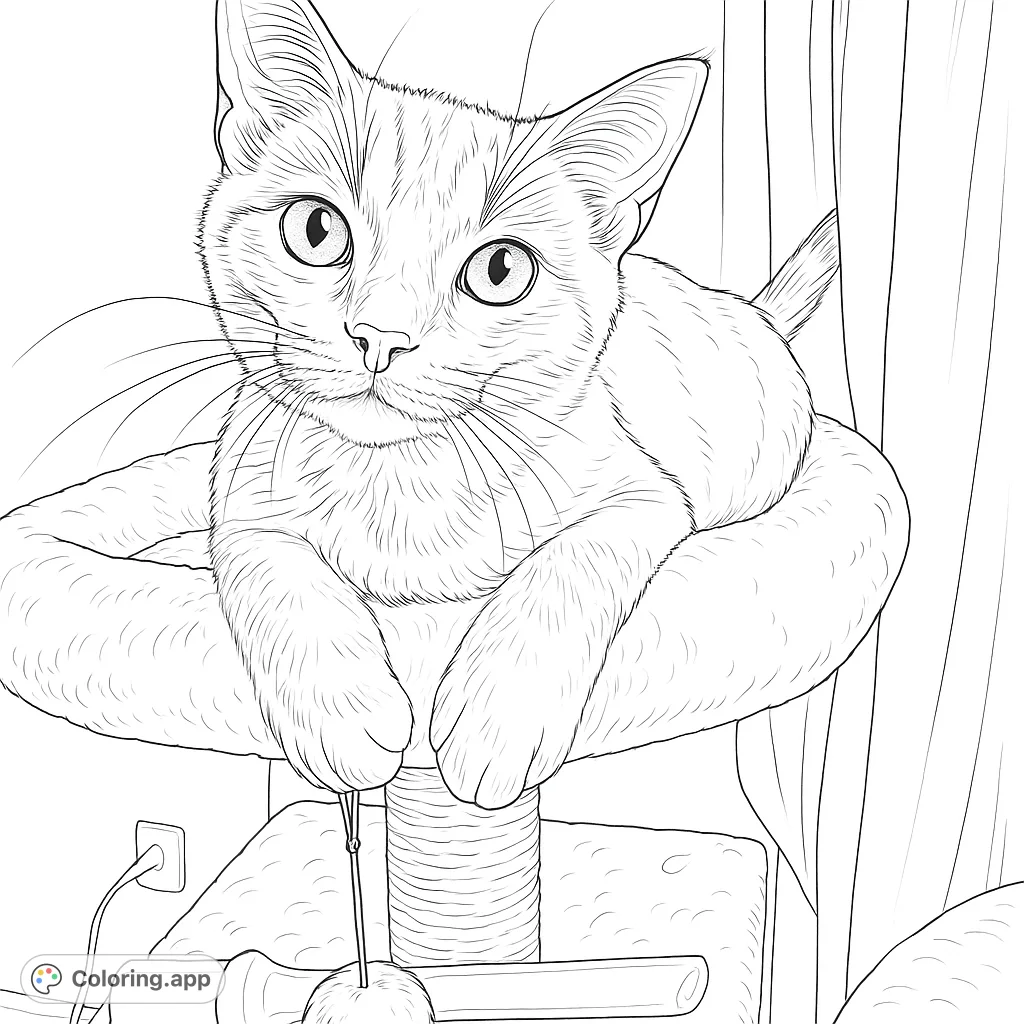 A charming realistic cat rests on a plush cat tree, its curious gaze inviting you to bring it to life. Perfect for cat lovers and aspiring artists.