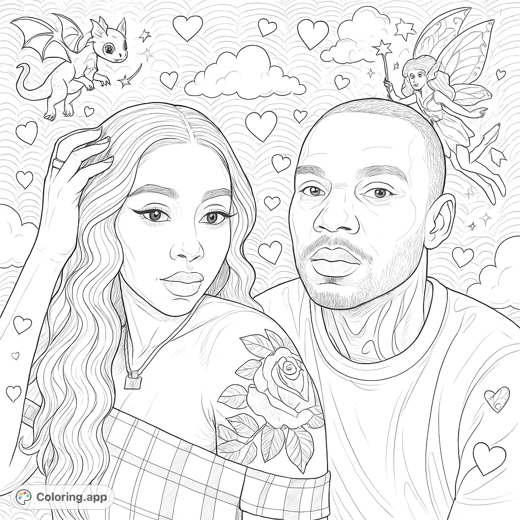 An enchanting fantasy couple portrait coloring page, featuring intricate details, decorative hearts, and mystical elements. A free printable coloring page for adults.