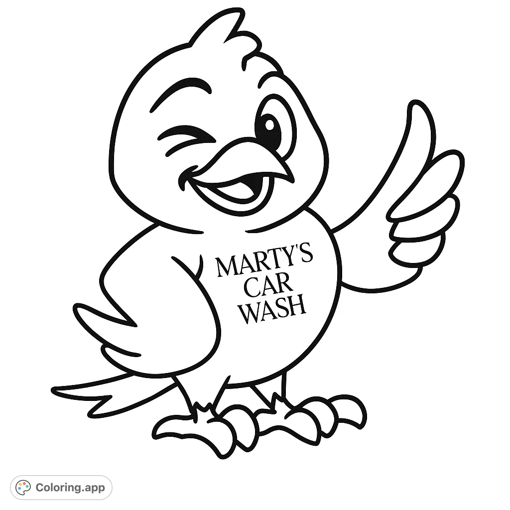 A cheerful cartoon bird winks and gives a thumbs up, perfect for a fun and engaging coloring activity. Features text on its chest.