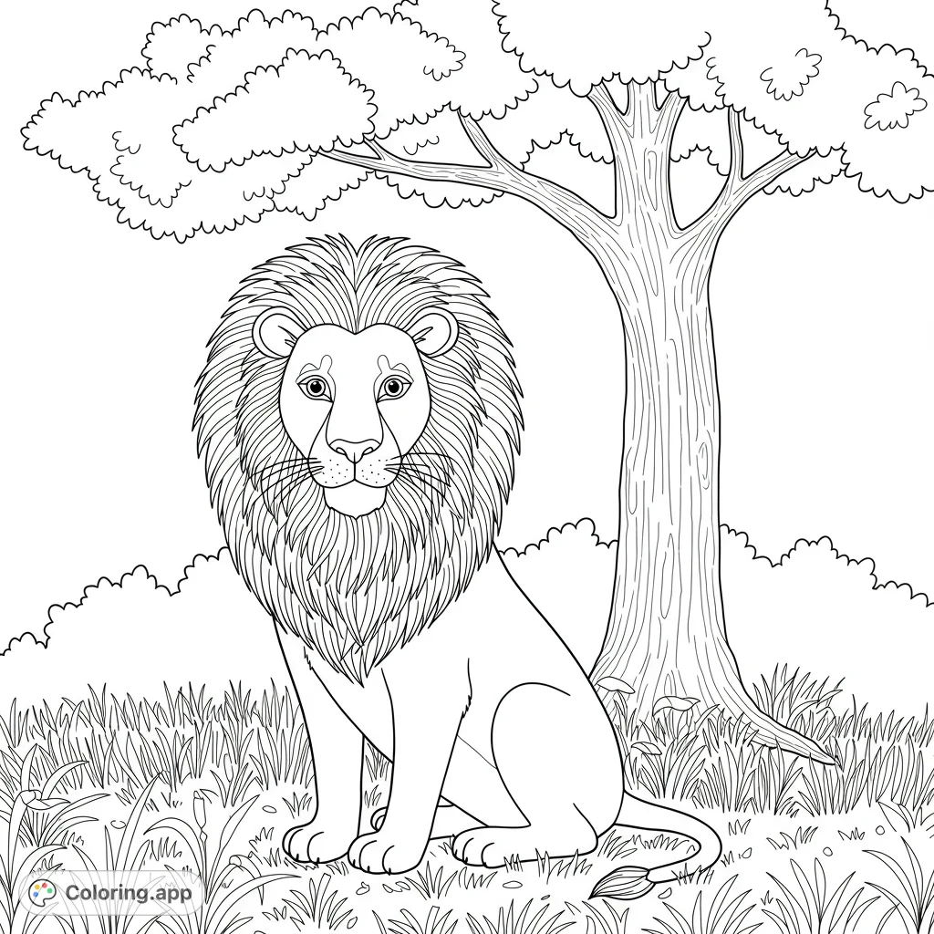 A charming lion with a fluffy mane sits peacefully in a grassy field under a grand tree, ready for a burst of creative colors.
