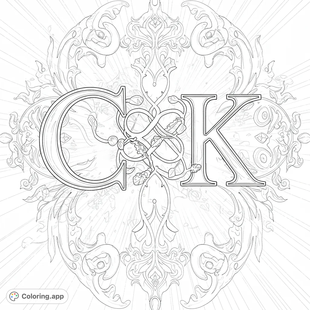 A beautiful C and K intertwined with an infinity symbol, surrounded by light and delicate patterns. A free printable gratitude coloring page for all ages.