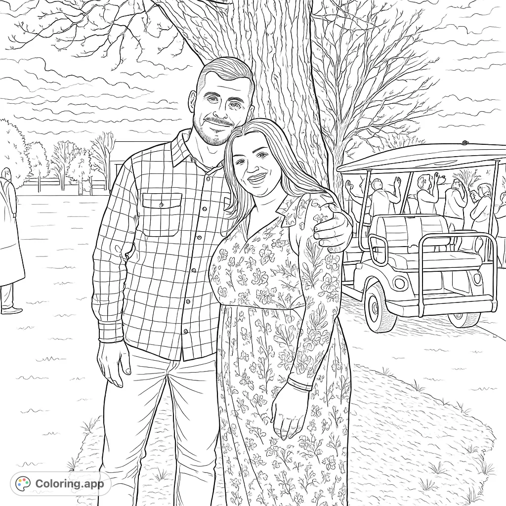 A happy couple stands by a large tree in an outdoor setting, offering a delightful scene to personalize with your creative coloring.