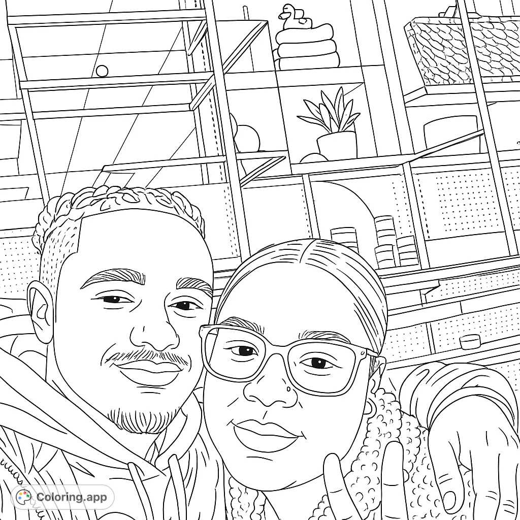 Capture a fun moment with this couple's store selfie coloring page. Features two individuals, detailed clothing, and a retail background for creative coloring.
