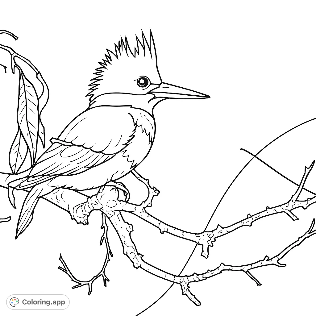 A majestic kingfisher with a distinctive crest perched on a gnarled branch, offering a detailed nature scene for creative coloring.
