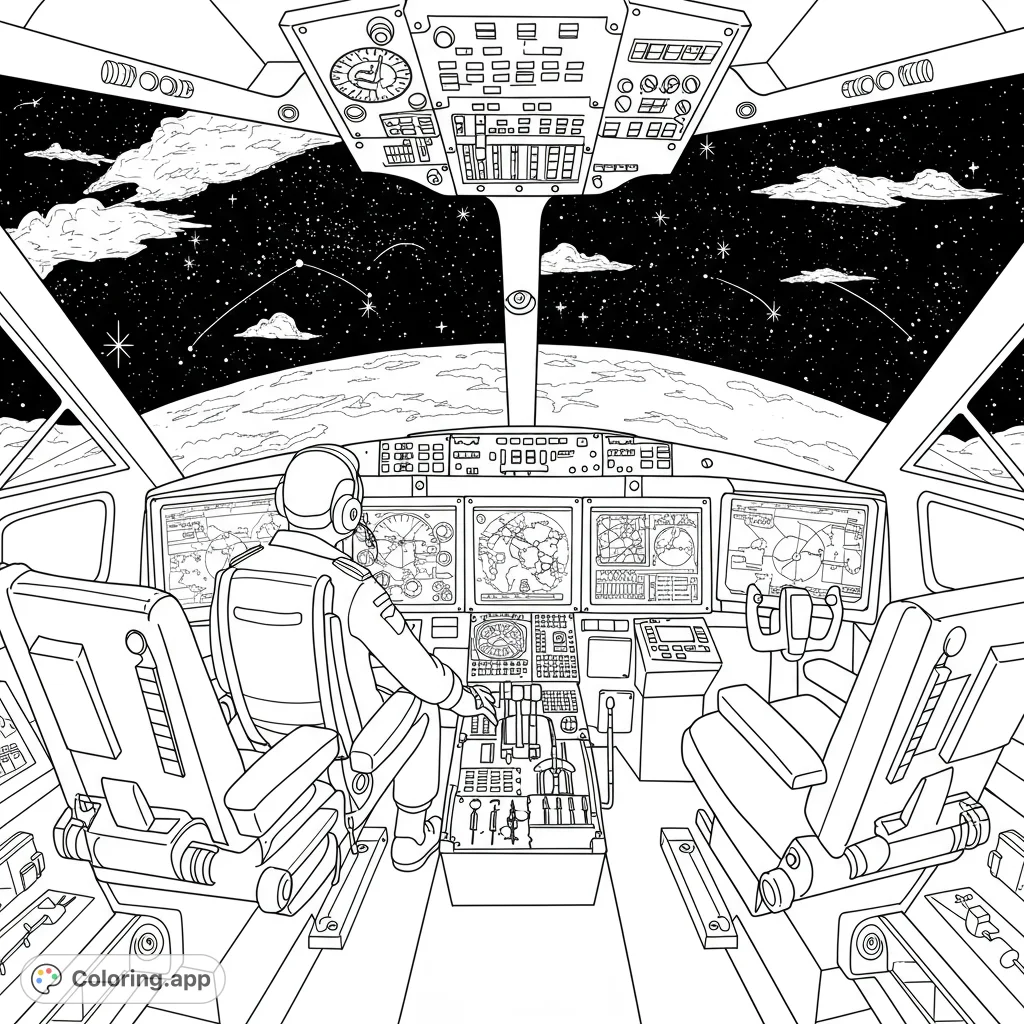 Explore a futuristic cockpit with a pilot, advanced screens, and a stunning view of Earth's curvature, stars, and clouds. A captivating space adventure!