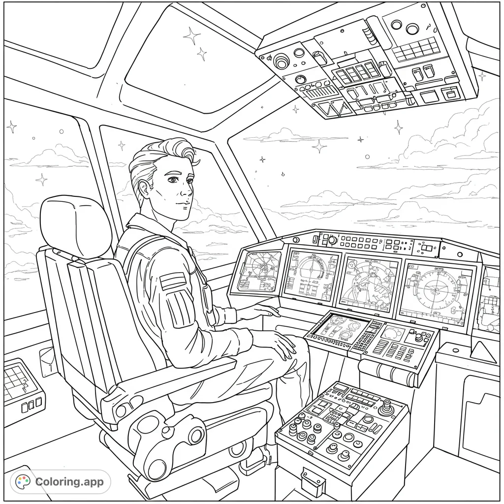 Soar into the future with this futuristic coloring page! A calm pilot in a sleek cockpit, surrounded by glowing displays, gazes at a sky filled with stars and clouds.