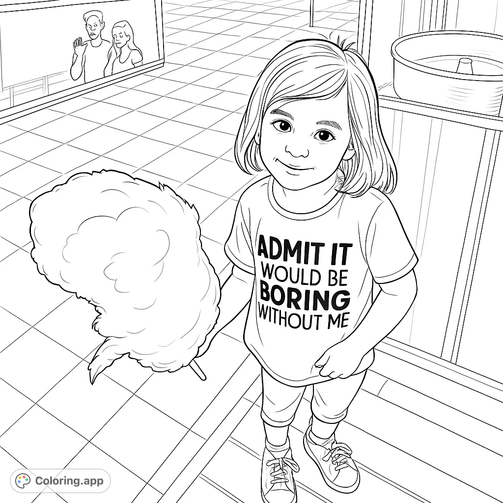 A delightful scene of a child holding a fluffy cotton candy, ready for a sweet adventure. Perfect for young colorists.