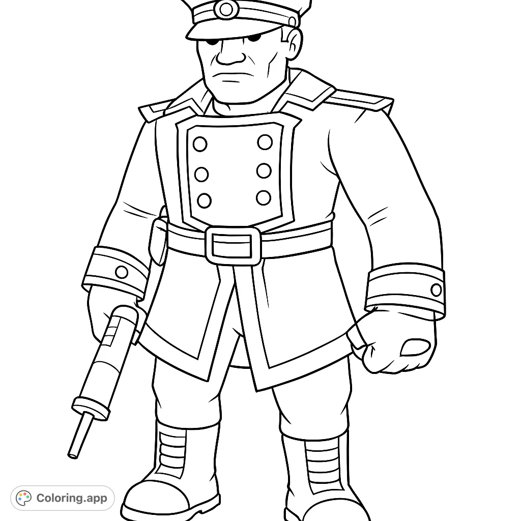 A detailed coloring page featuring a character in a distinctive uniform holding a unique device, set against a blocky, abstract background.