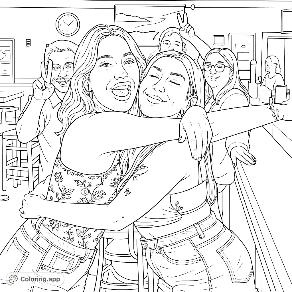Capture a lively moment of two friends embracing in a bustling bar setting, surrounded by a fun atmosphere. Perfect for social scene coloring.