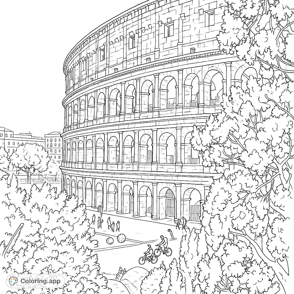 Color the iconic Colosseum, a majestic ancient amphitheater with intricate arches and historical grandeur, framed by lush foliage.