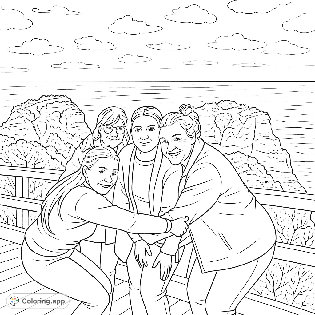 Capture a heartwarming moment of five friends embracing by a scenic coastline. Features rugged cliffs, a vast ocean, and a beautiful sky, perfect for a relaxing coloring experience.
