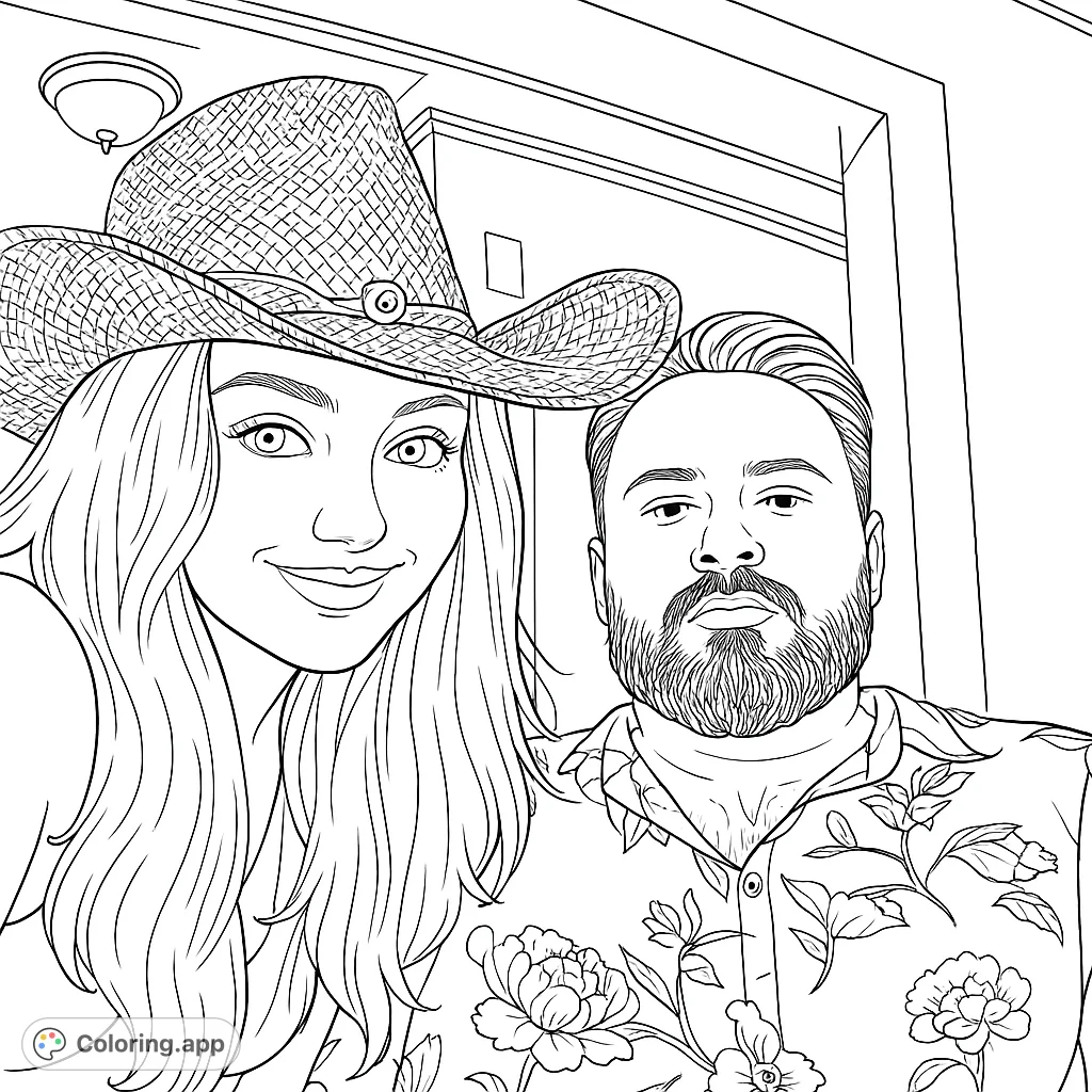 A charming portrait of a woman in a cowboy hat and a man in a floral shirt, perfect for a unique coloring experience.