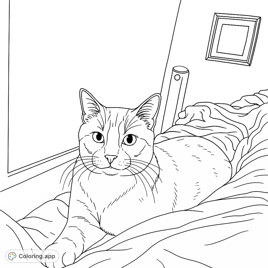 A charming cat rests on a soft bed, inviting you to add your favorite hues to its fur and the cozy bedroom setting. Perfect for animal lovers!