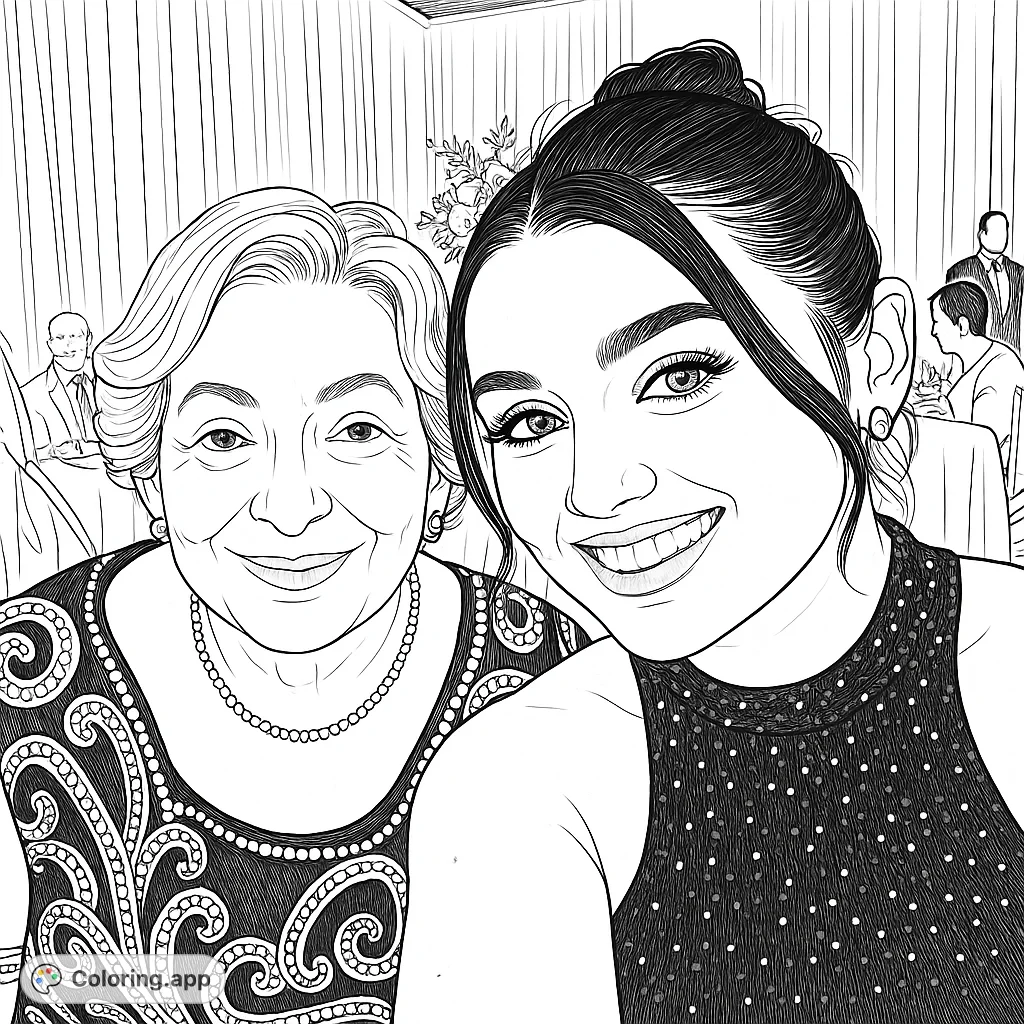 Capture the elegance of two women in formal attire, featuring intricate dress patterns and a celebratory atmosphere. A beautiful portrait for all ages.
