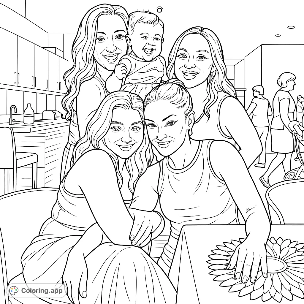 A heartwarming family gathering featuring four women and a crying baby, perfect for a detailed coloring experience. Free printable family portrait coloring page.