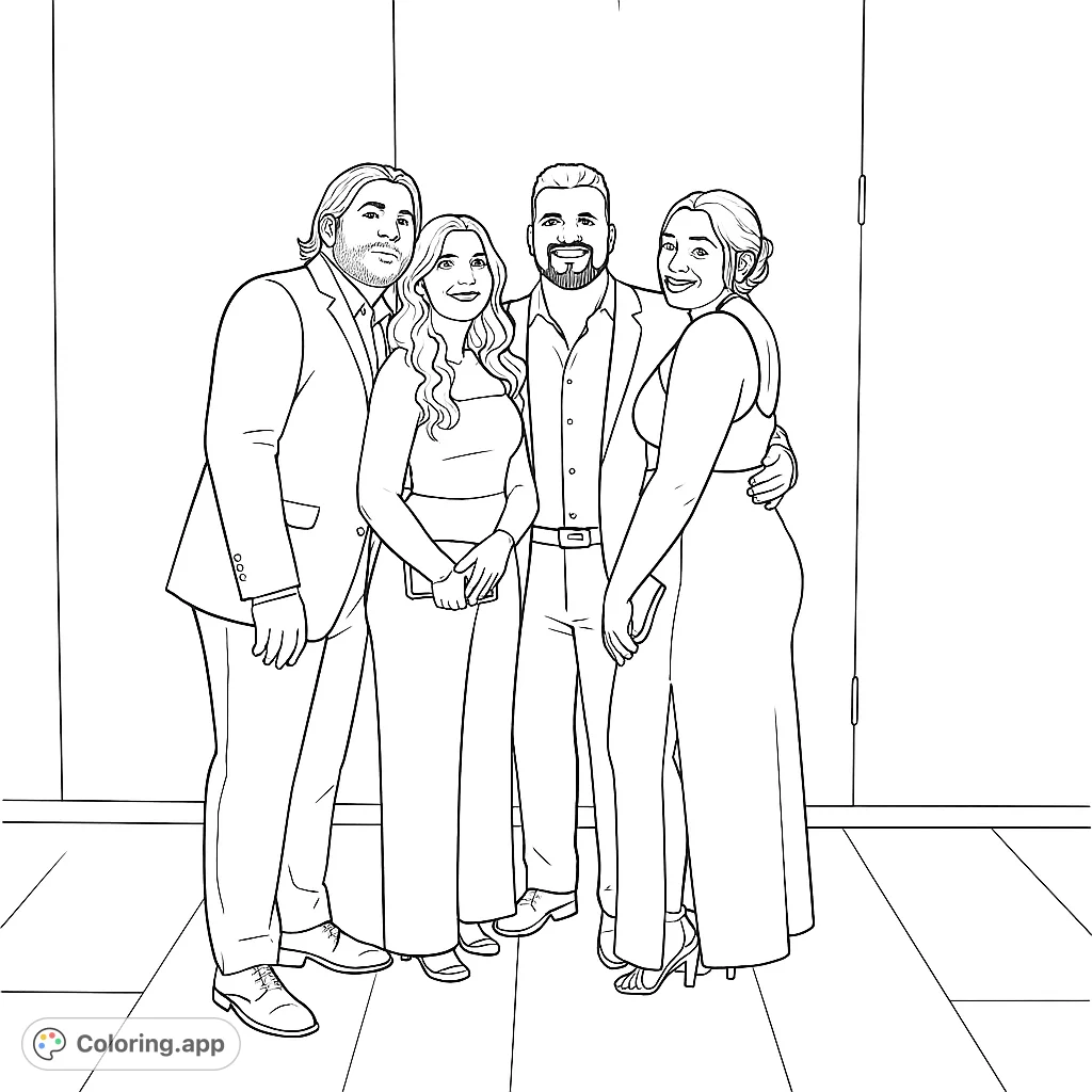 Capture the elegance of a formal gathering with four friends dressed in suits and gowns. A sophisticated scene perfect for detailed coloring.