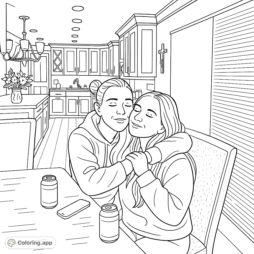 Capture a heartwarming moment of two friends embracing in a modern kitchen. A delightful scene for creative expression and connection.