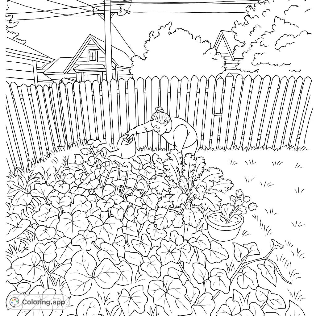 A detailed backyard garden scene featuring a person watering plants, surrounded by lush foliage and a rustic fence. Perfect for nature lovers.