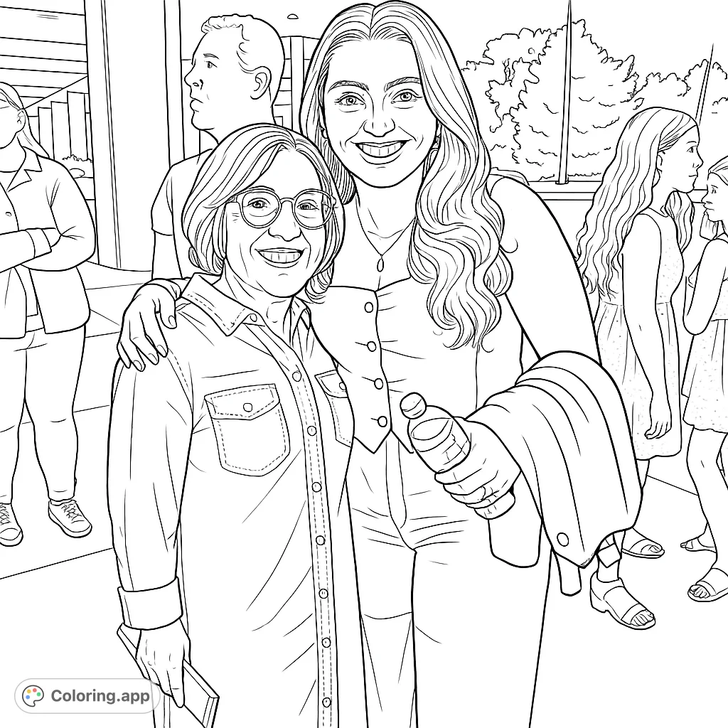 Capture a heartwarming moment between two women. This free printable portrait coloring page celebrates connection and shared joy.