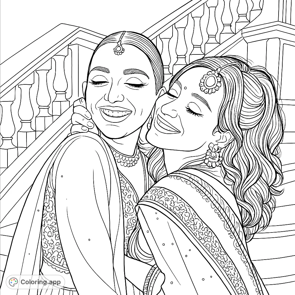 Capture a moment of joyful embrace between two women in intricate traditional attire. A detailed cultural celebration scene for creative expression.