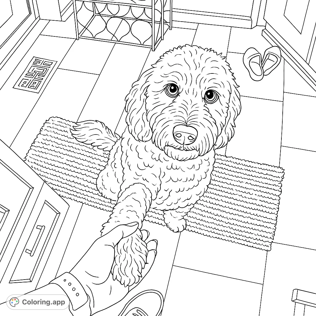 Capture a heartwarming moment with this loyal companion paw shake coloring page. Features a fluffy dog and a human hand, perfect for animal lovers.
