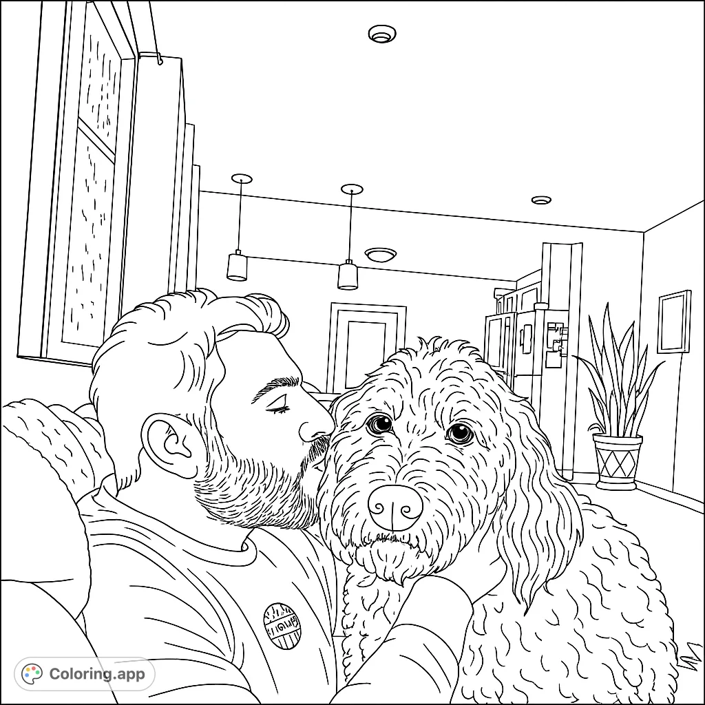 Capture a heartwarming moment between a man and his beloved shaggy dog. A cozy scene perfect for pet lovers and relaxation.