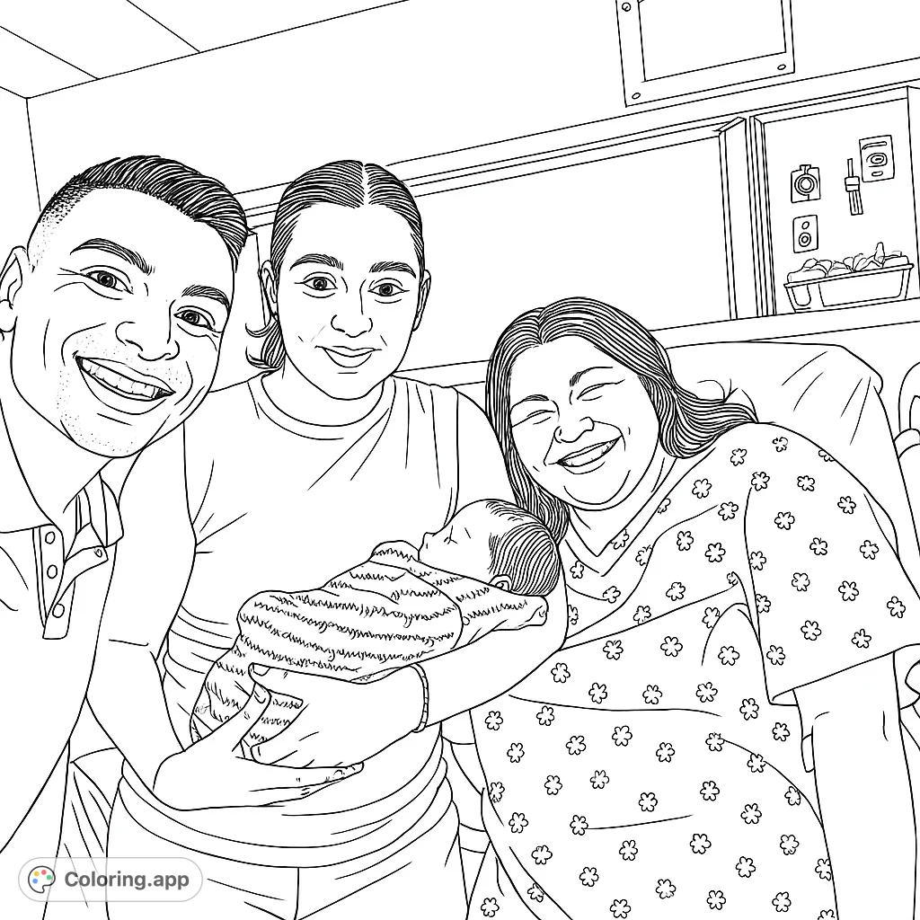 Capture the joy of a new family with this heartwarming hospital scene. Features parents, a newborn, and a supportive figure, perfect for celebrating new life.