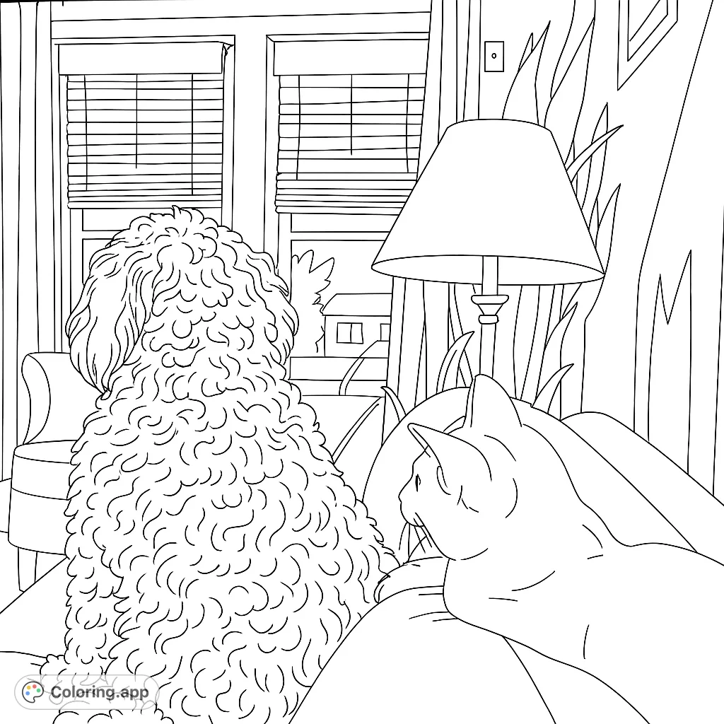 A cozy scene featuring a dog and cat relaxing on a couch, gazing out a window. Perfect for pet lovers to color and enjoy.