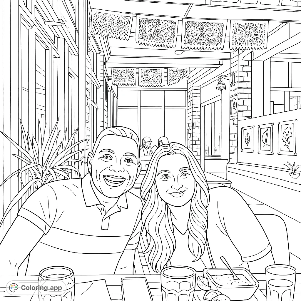 Capture a joyful moment with a smiling couple at a festive restaurant. Features intricate decor, table settings, and a lively atmosphere.