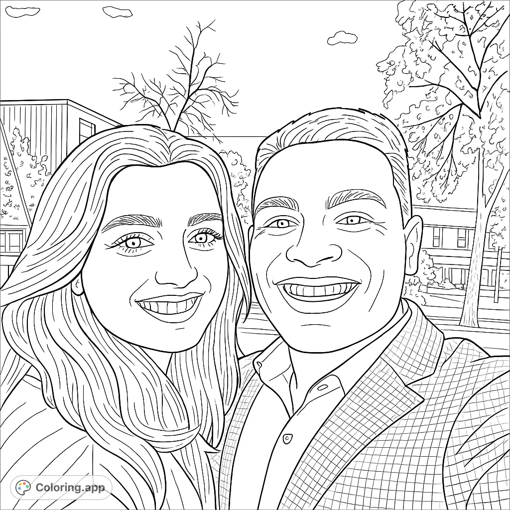 Capture the joy of a smiling couple in an outdoor setting. This portrait features detailed facial expressions and textured clothing, perfect for personalizing.