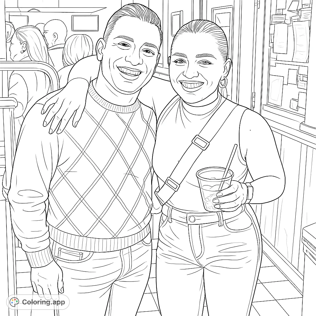 Capture a joyful moment with this smiling couple at a social gathering. Perfect for personalizing expressions and outfits in a lively setting.