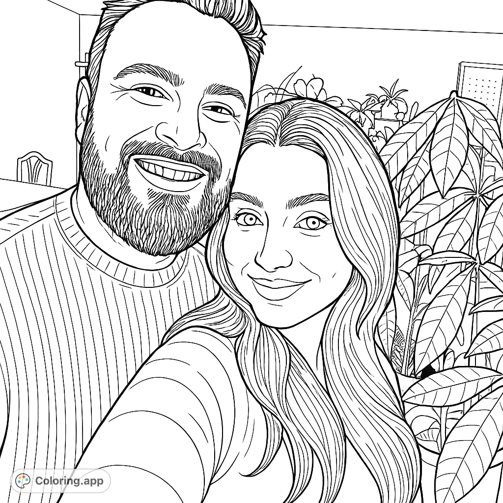 A heartwarming portrait of a smiling couple surrounded by lush houseplants, perfect for a relaxing and personal coloring experience.
