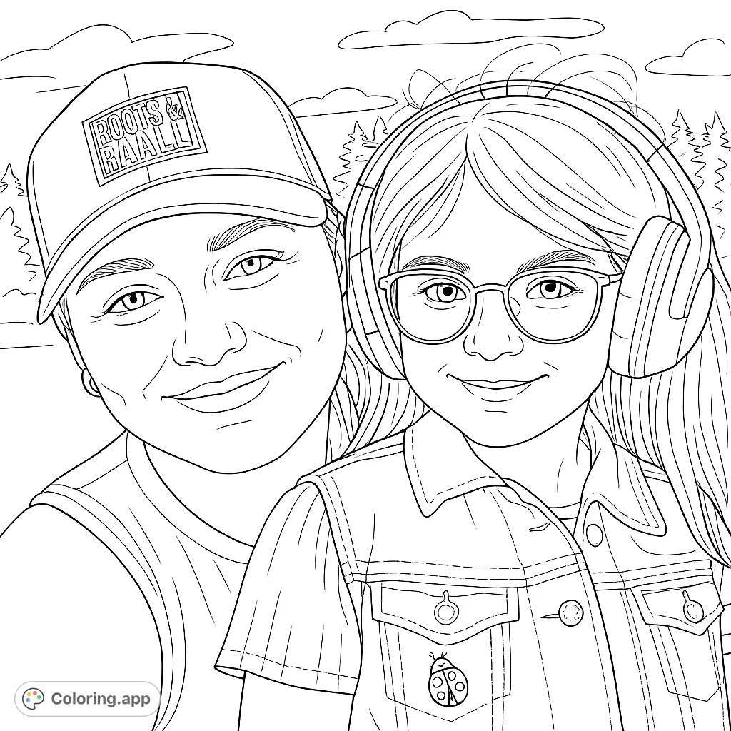 A heartwarming portrait of an adult and a child smiling together outdoors, perfect for a family-themed coloring page.