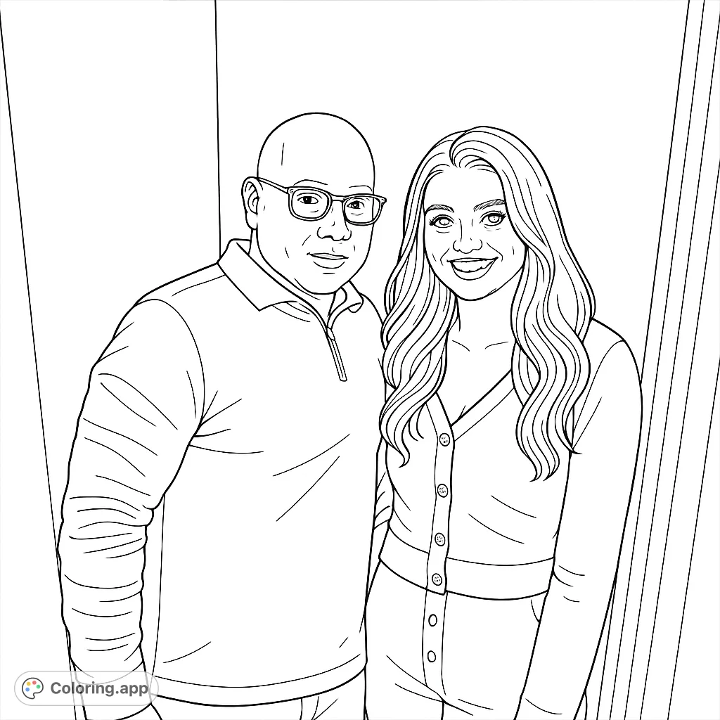 Capture the warmth of a smiling duo in this realistic portrait coloring page. Perfect for personalizing expressions and outfits.