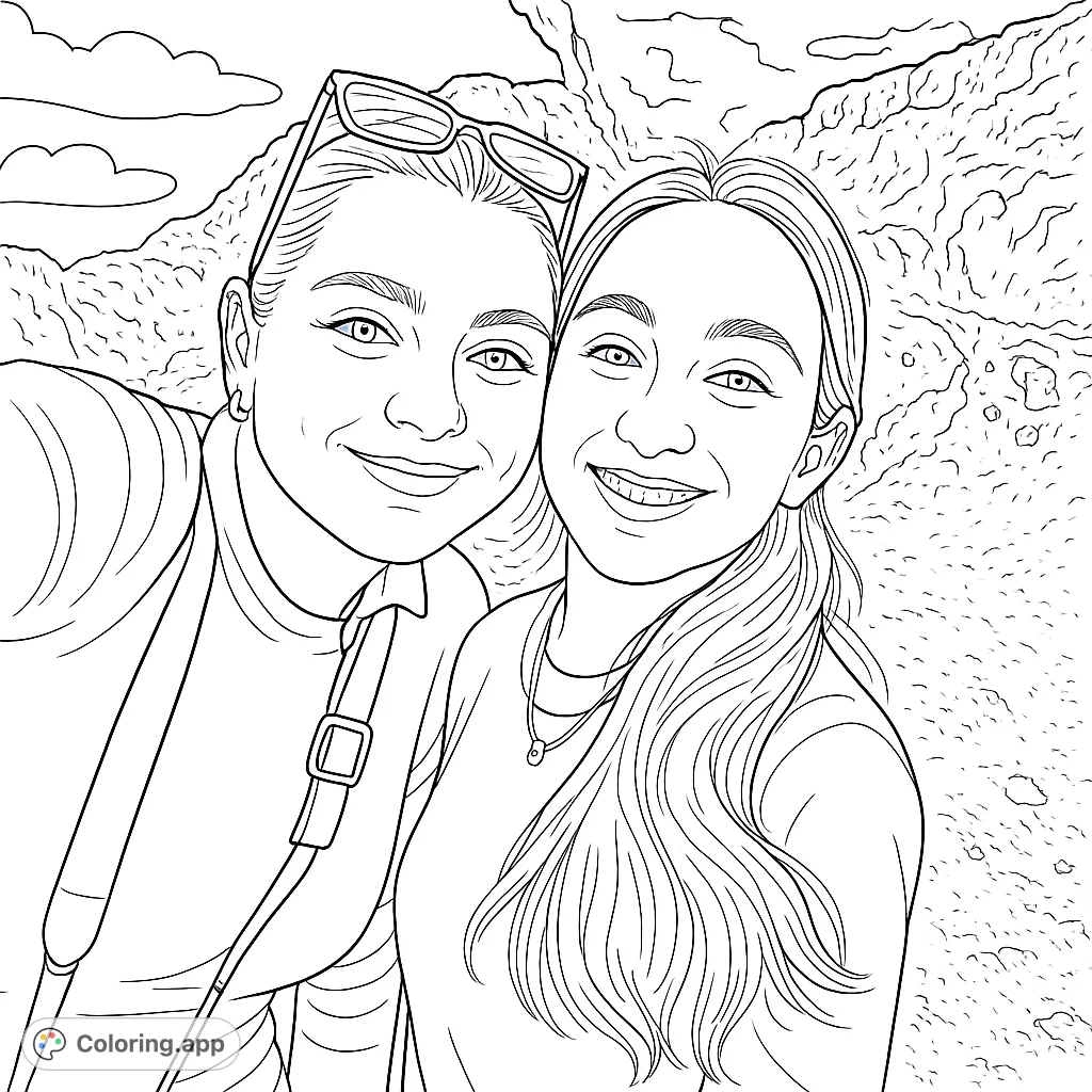 Capture a heartwarming moment with this portrait coloring page featuring two smiling individuals against a textured rock formation and open sky.