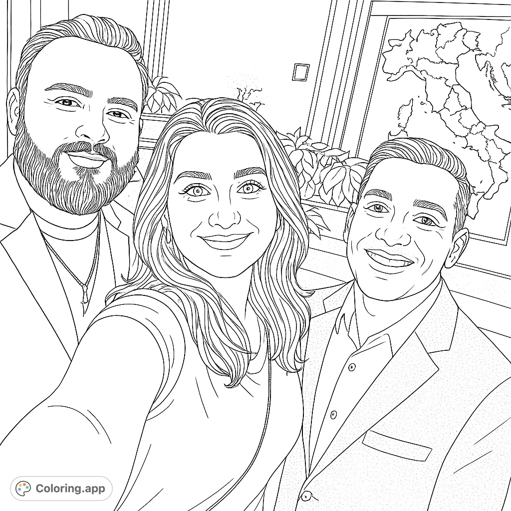 A cheerful group portrait featuring three smiling individuals, set against a backdrop of a detailed map and lush indoor plants. Perfect for personalizing.