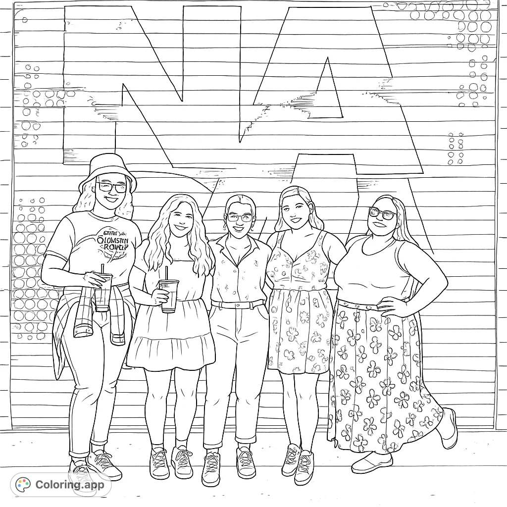 Five friends pose against a graffiti-style wall, showcasing diverse fashion in an urban setting. A fun, modern coloring page for all ages.