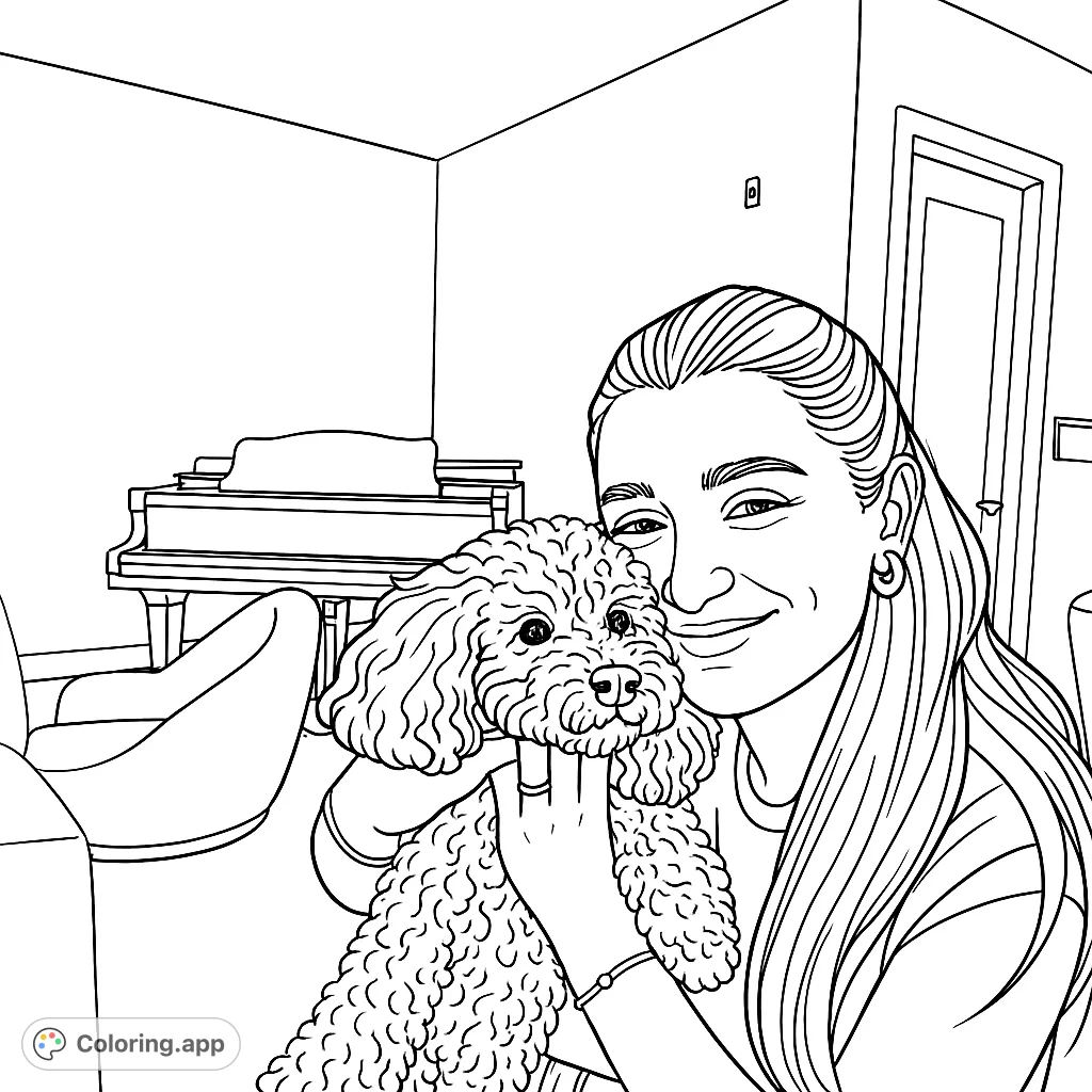 A heartwarming scene of a woman cuddling her fluffy poodle, set in a cozy room with a grand piano. Perfect for pet lovers!