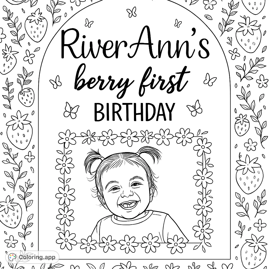 Celebrate a special day with this delightful strawberry-themed coloring page, featuring a decorative frame, playful text, and a charming berry pattern.