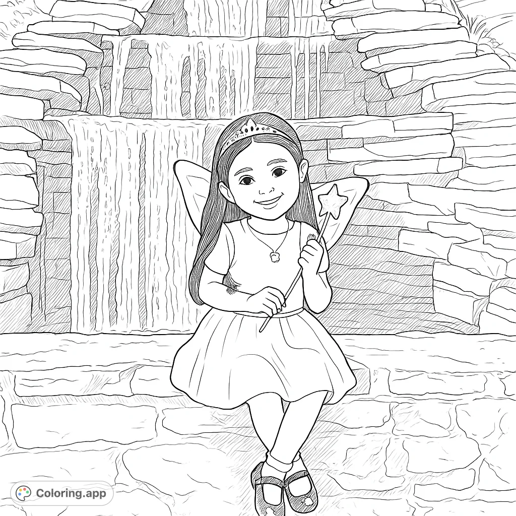 A delightful fairy girl with wings and a wand sits by a cascading waterfall, ready for a magical coloring adventure.