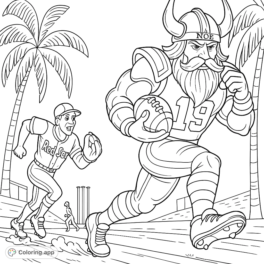 Dynamic sports coloring page featuring a powerful Viking football player and a swift baseball player in a stadium setting. Perfect for sports fans!