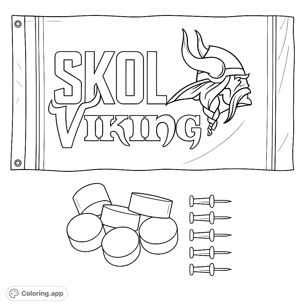 Unleash your team spirit with this Skol Vikings flag coloring page! Features bold text, a fierce Viking emblem, and striking stripe patterns.