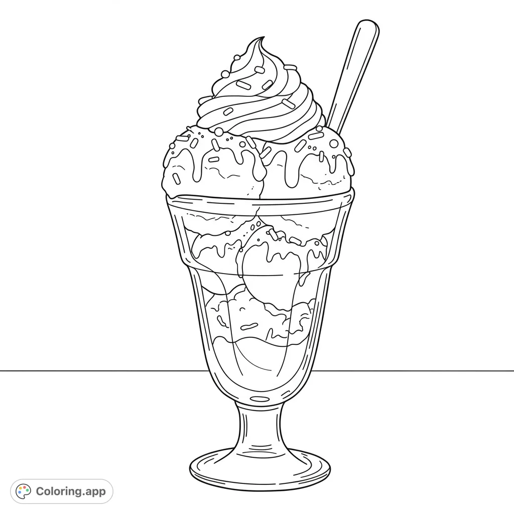 A delightful ice cream sundae overflowing with scoops, whipped cream, and a shower of sprinkles. Perfect for a sweet summer coloring escape!