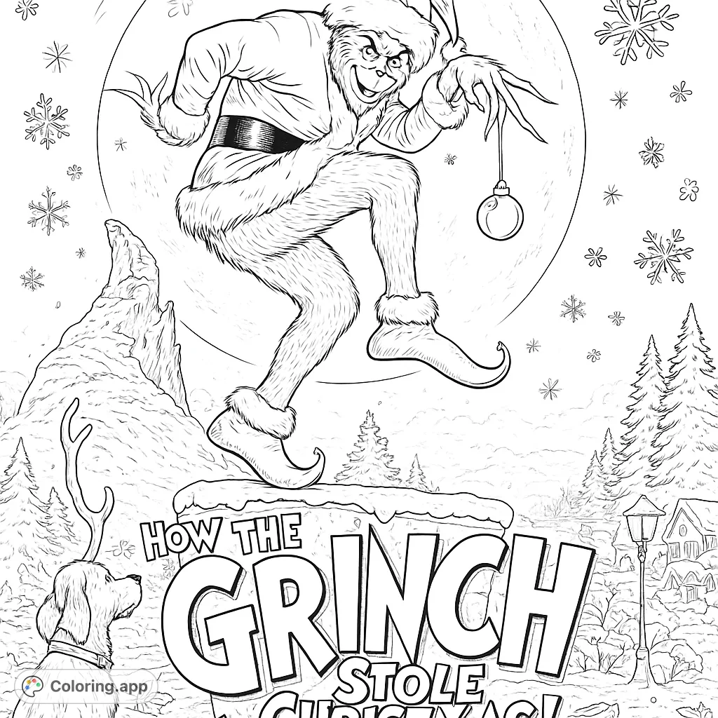 A mischievous character in a Santa suit, poised to steal the holidays, set against a snowy, whimsical landscape. Perfect for festive fun!