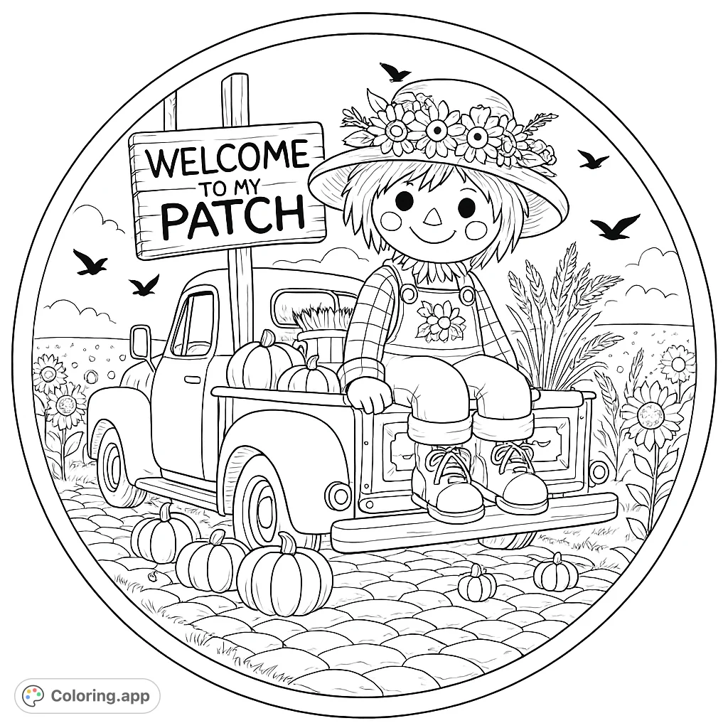 A charming scarecrow sits on a vintage truck amidst a field of blooming flowers and pumpkins, framed by a rustic barrel lid. Perfect for autumn fun!