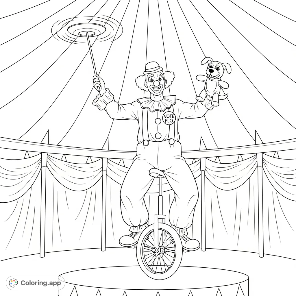 A cheerful circus clown balances on a unicycle, spinning a plate and holding a dog puppet, all under a grand circus tent. Features a 'VOTE FLO' button.